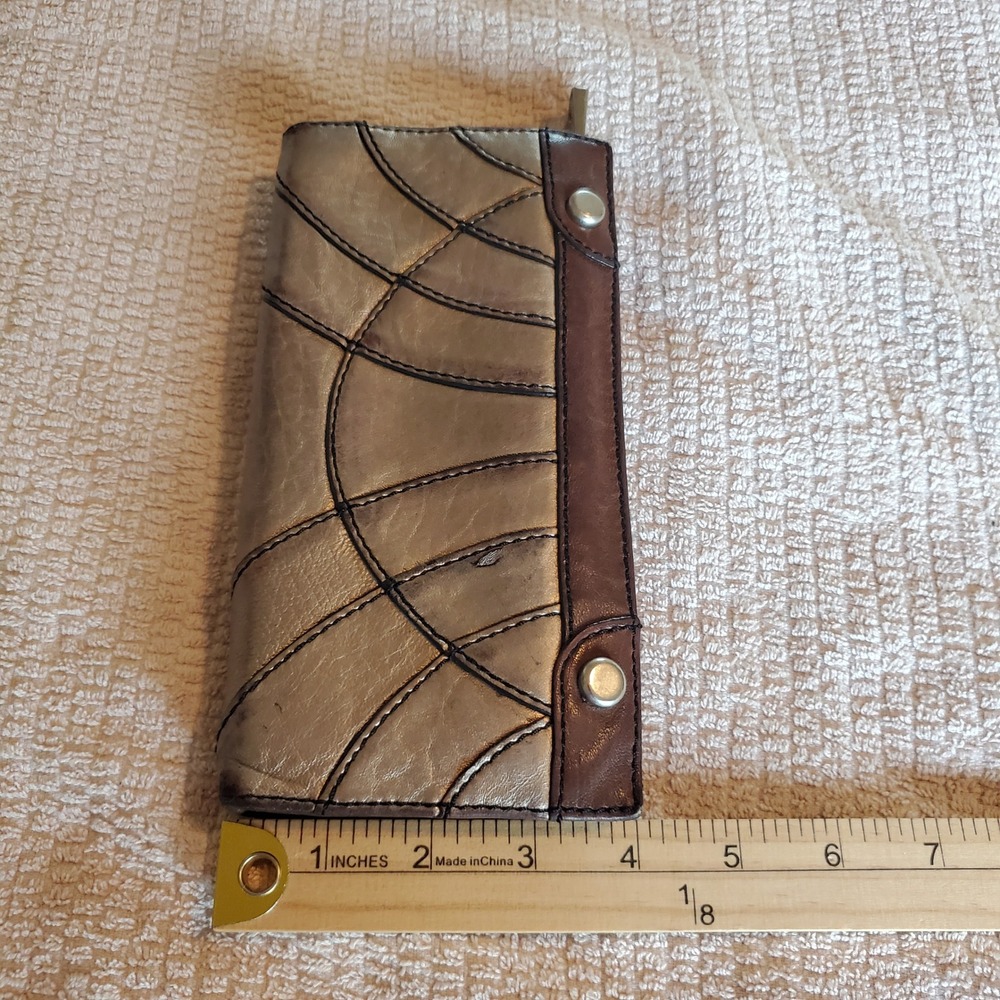 Fossil Silver Metallic and Brown Leather Tri-Fold Wallet